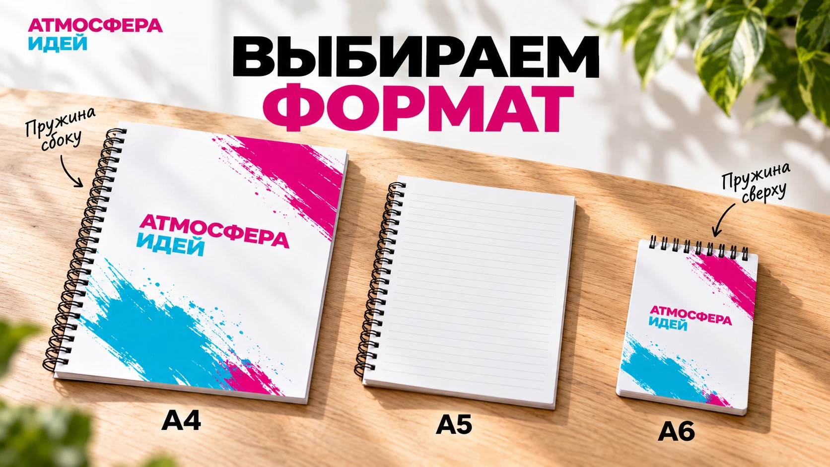 Блокноты А4, А5 и А6 с пружиной сбоку и сверху