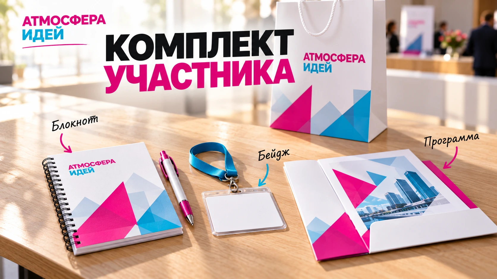 Блокнот, ручка, бейдж и печатные материалы в комплекте участника конференции