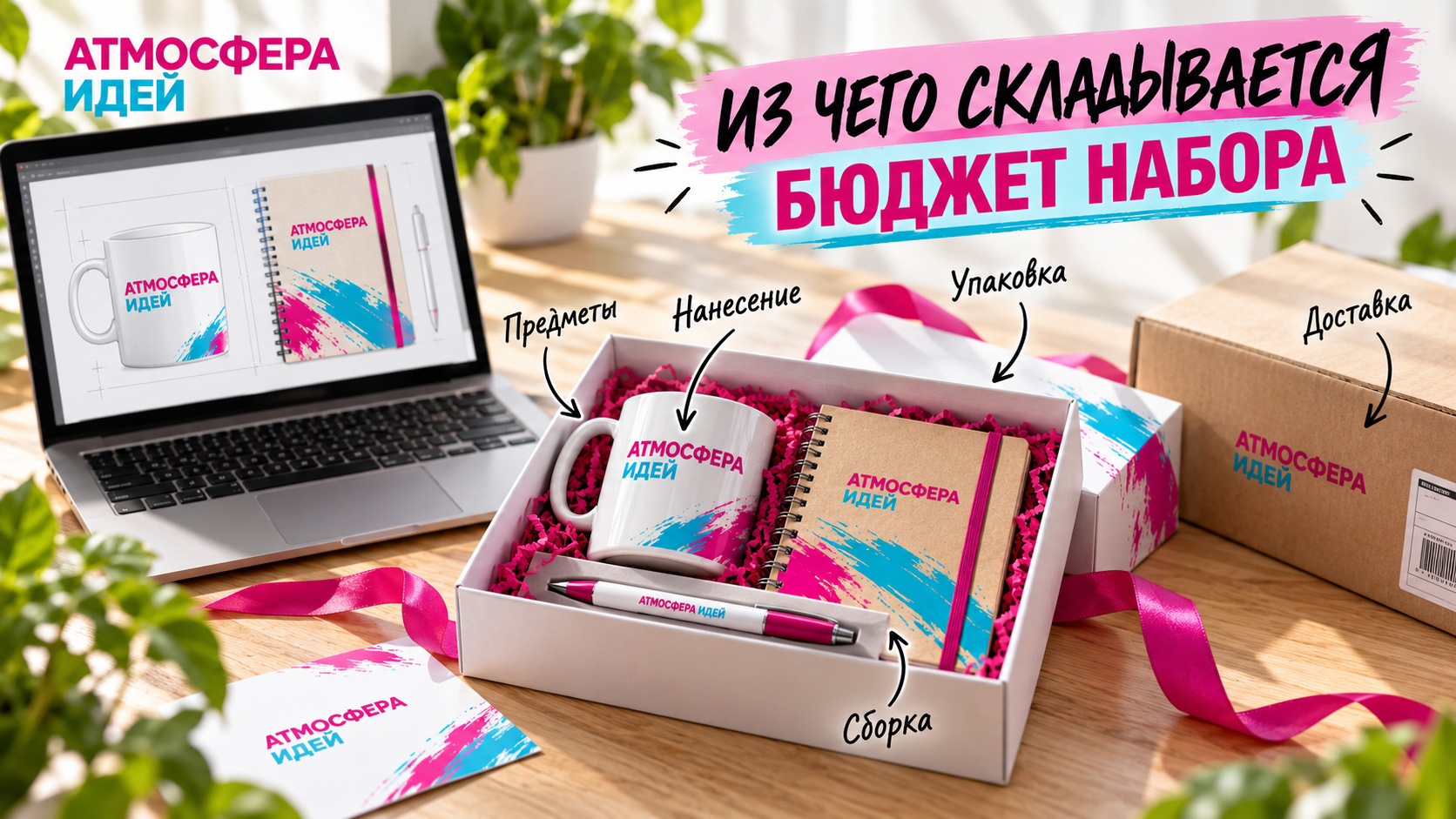 Предметы, нанесение, упаковка, сборка и доставка в бюджете корпоративного подарочного набора